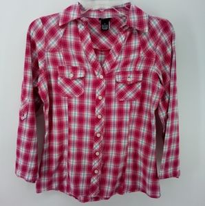 rue 21 Pink 100% Cotton White Blue Plaid Shirt S Cowgirl Cowboy Country Festival
